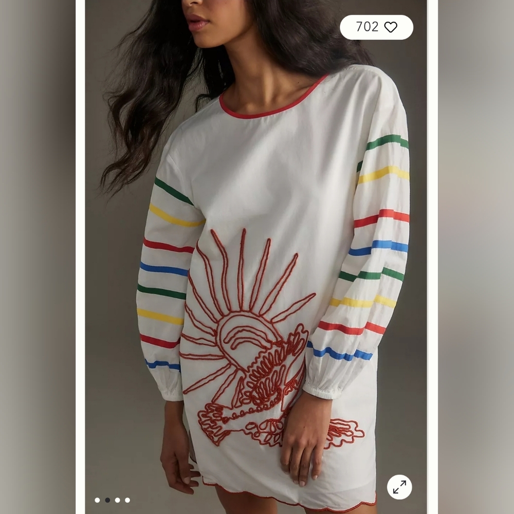 FARM Rio White Long-Sleeve Dress with Rainbow Stripe Sleeves and Rust Embroidery - Picture 3 of 6